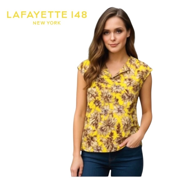 Lafayette 148 Women's Floral Silk Blouse V-Neck Short Sleeve Small - Picture 1 of 10
